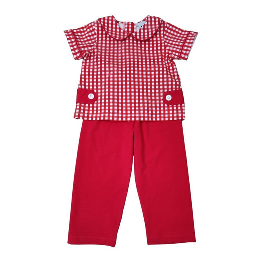 Delaney Red Gingham Knit Shirt Red Pant Set