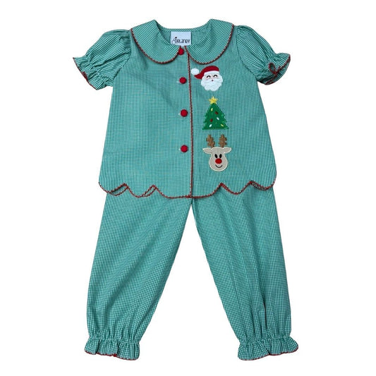 Delaney Green Gingham Applique Christmas Pant Set
