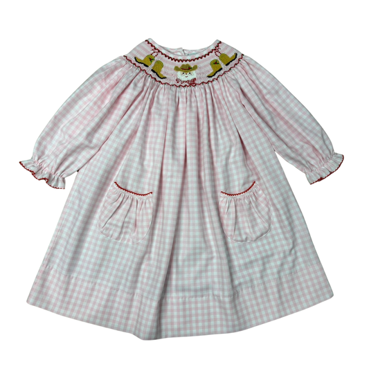 Delaney Pink Gingham LS Smocked Cowboy Dress