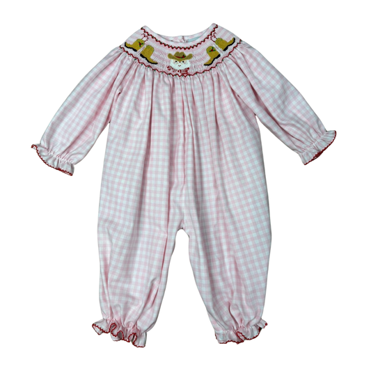 Delaney Pink Gingham L/S Smocked Cowboy Romper
