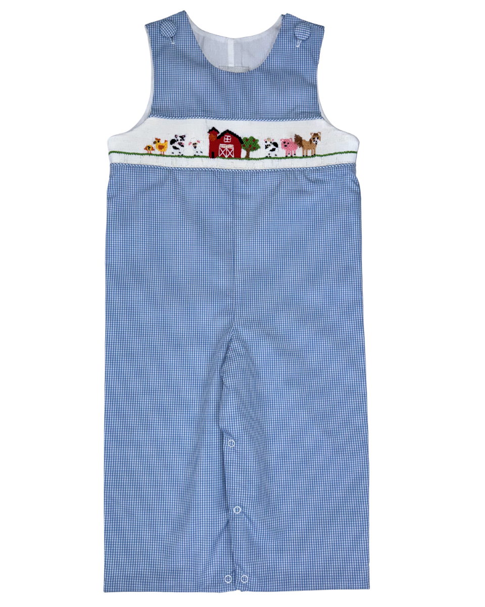Delaney Long Jon Jon Lt Blue Check Smocked Farm Animals
