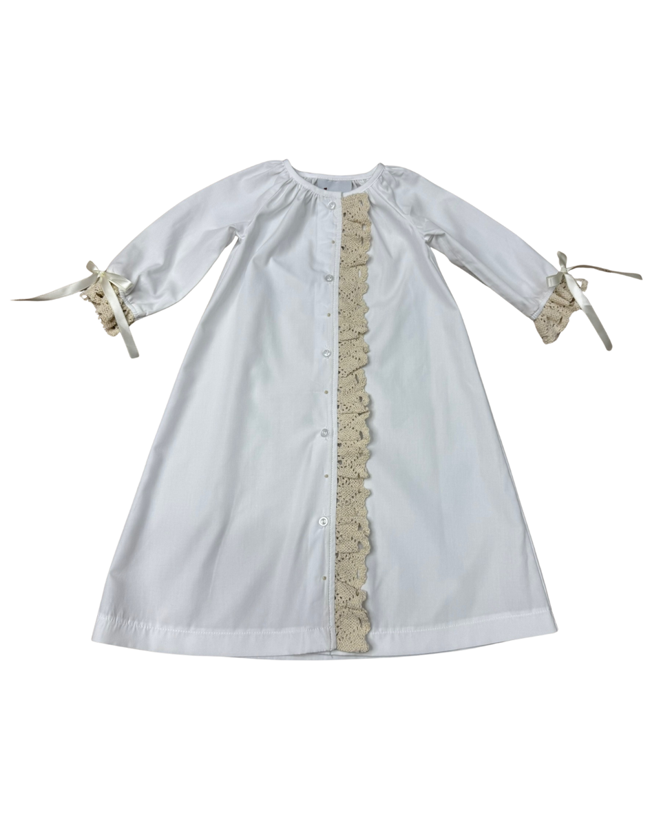 Delaney White Button Front Ecru Crochet Lace Daygown