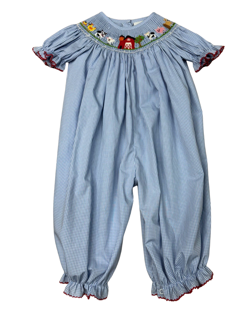 Delaney Lt Blue Mini Check Smocked Farm Animals Romper
