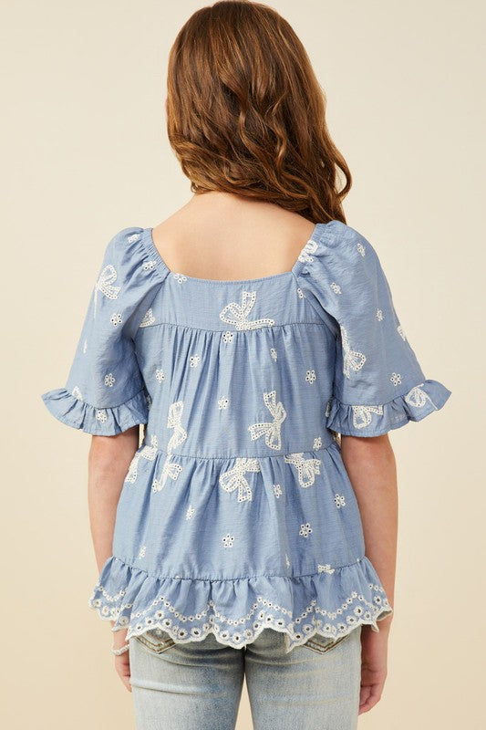 Hayden Girls Bow Embroidered Scalloped Hem Top