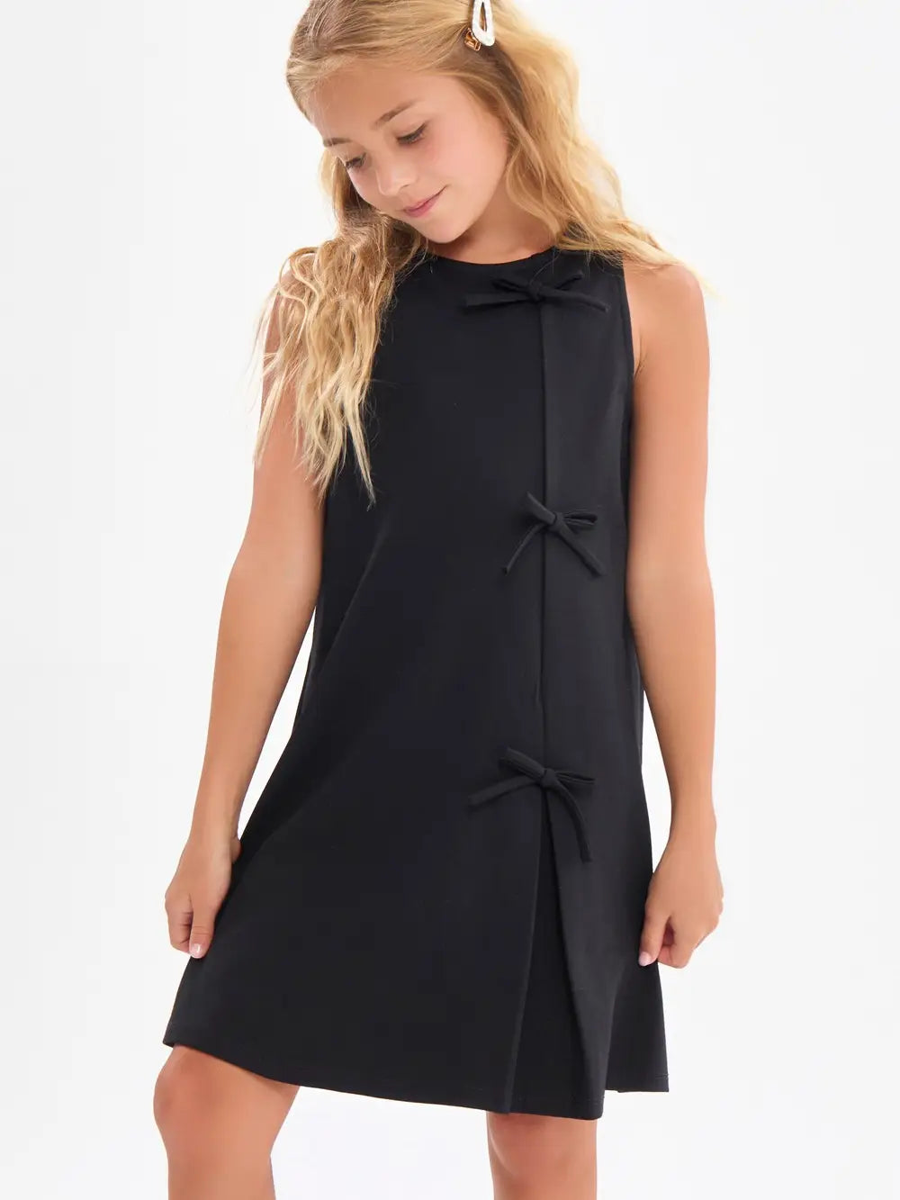 Good Girl Nylon Ponte Sleeveless Ribbon Dress - Black