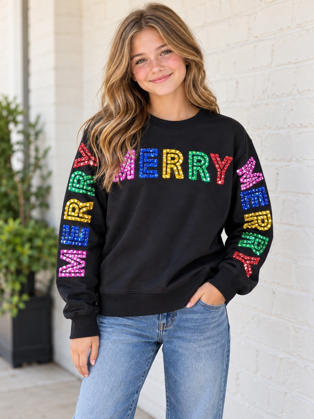 Peach Love French Terry Loose Fit LS Top Merry Merry Merry