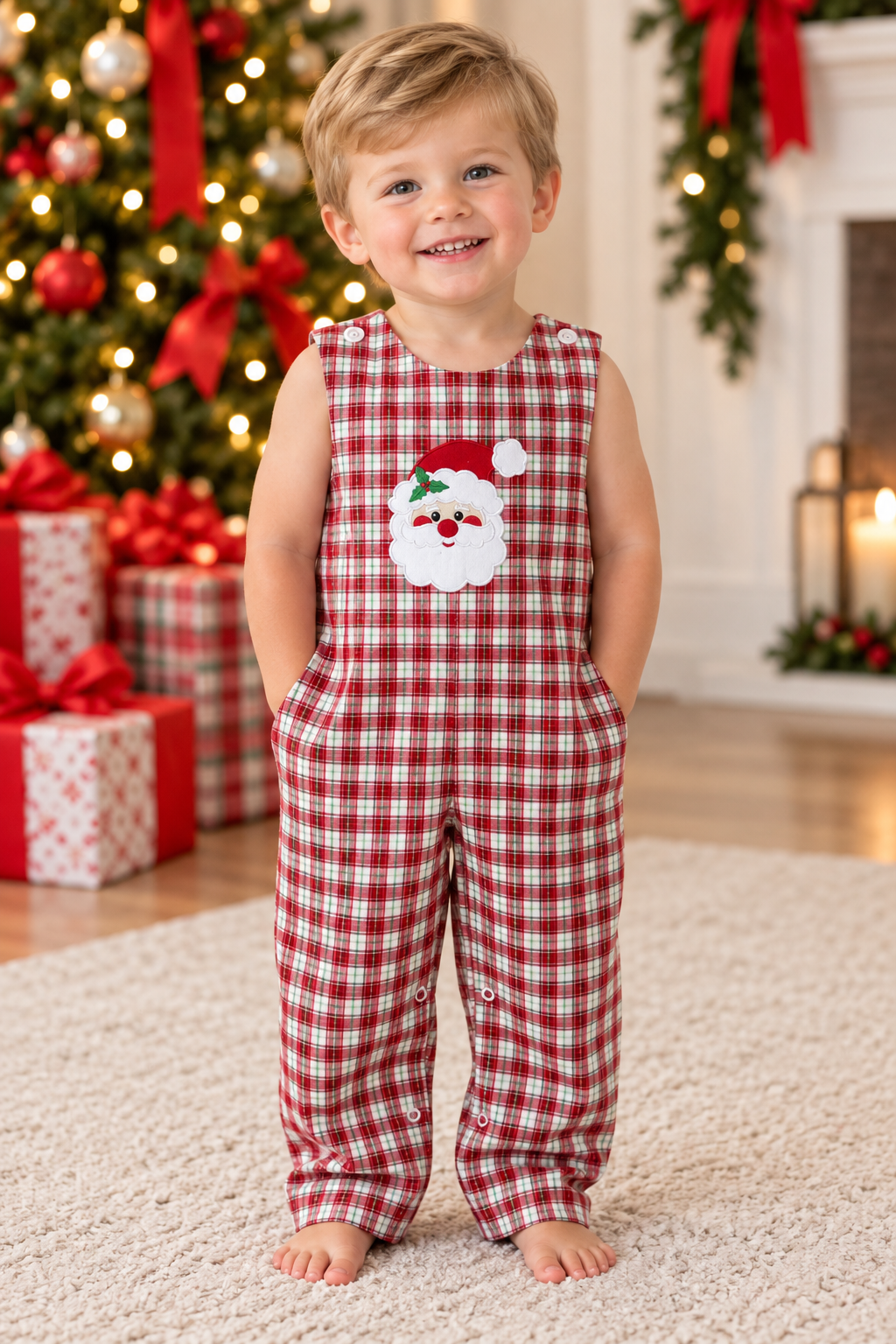 Delaney Christmas Plaid Jon Jon with Santa