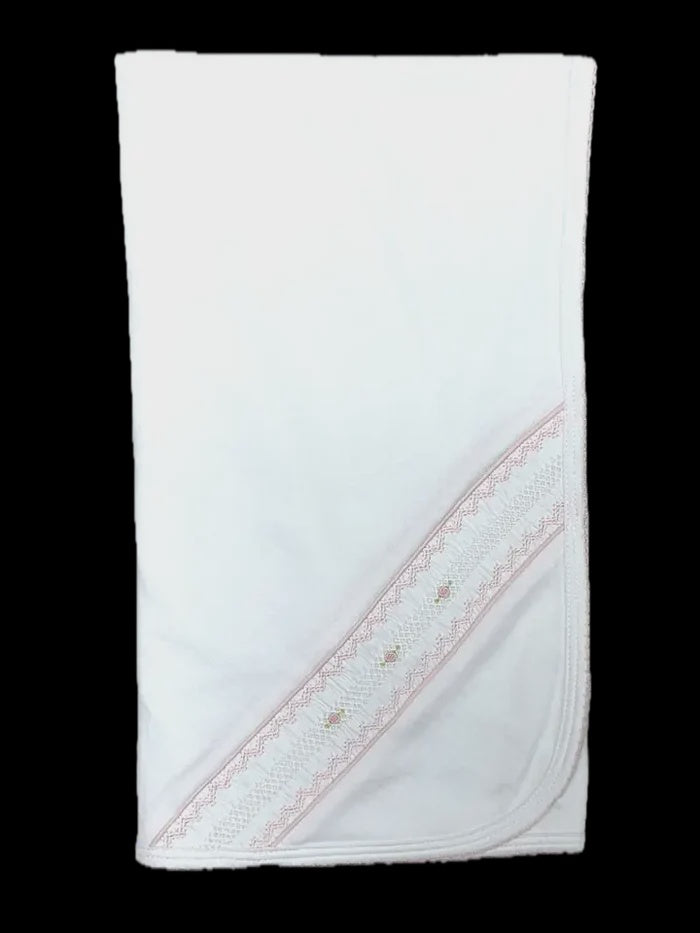 Little Threads White & Pink Jacquard Smocked Blanket