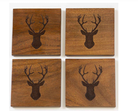 4 Pack Natural Deer Etched Wood Coasters