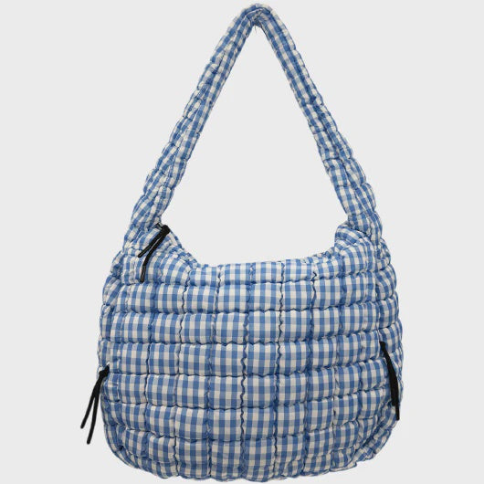 Lulu Mac Gingham Puffer Handbag- Lt Blue & White