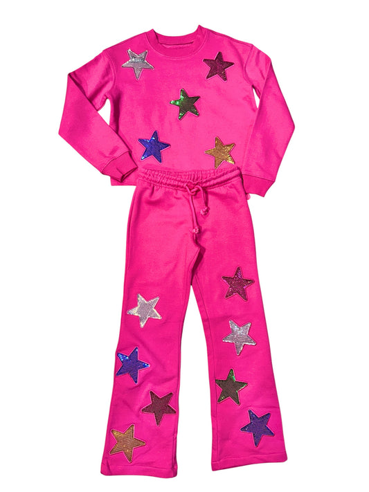 Paper Flower Sequins Stars Applique Sweatshirt/Pants Set