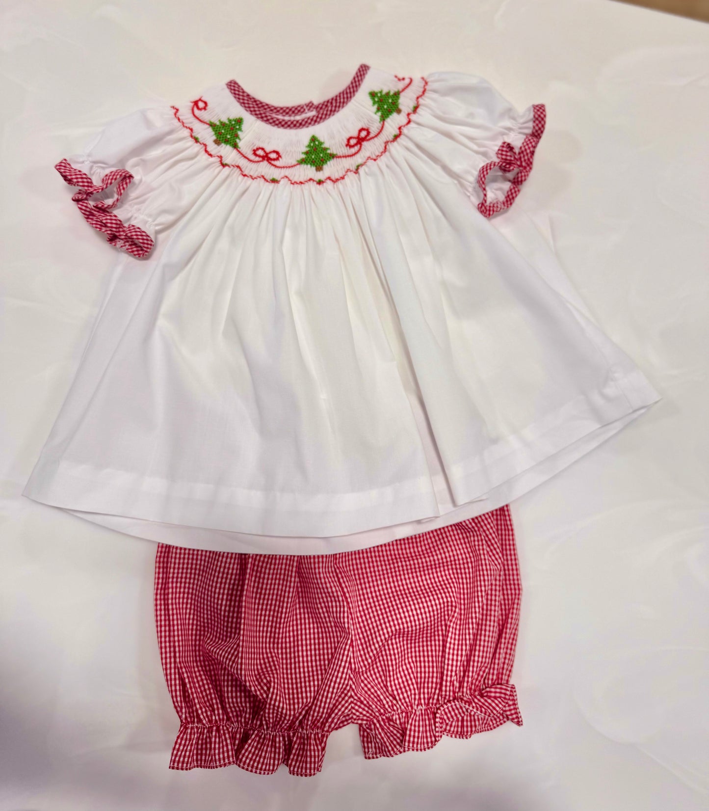 Petit Red Gingham Bloomer Set Christmas Trees with Bows