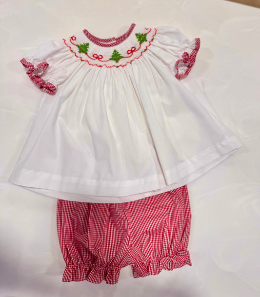 Petit Red Gingham Bloomer Set Christmas Trees with Bows
