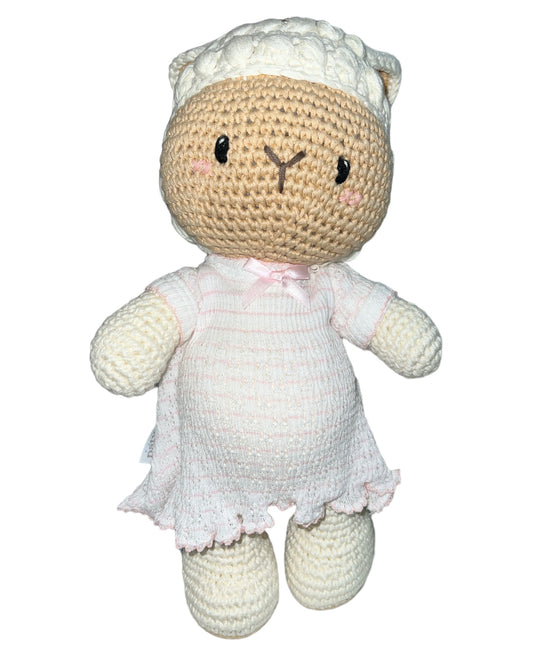 13" Paty Pal Medium Crocheted Lamb w/ Pink Dress