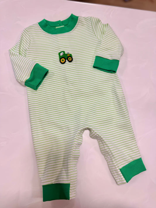 Petit Bebe Green Stripe Knit Tractor L/S Romper