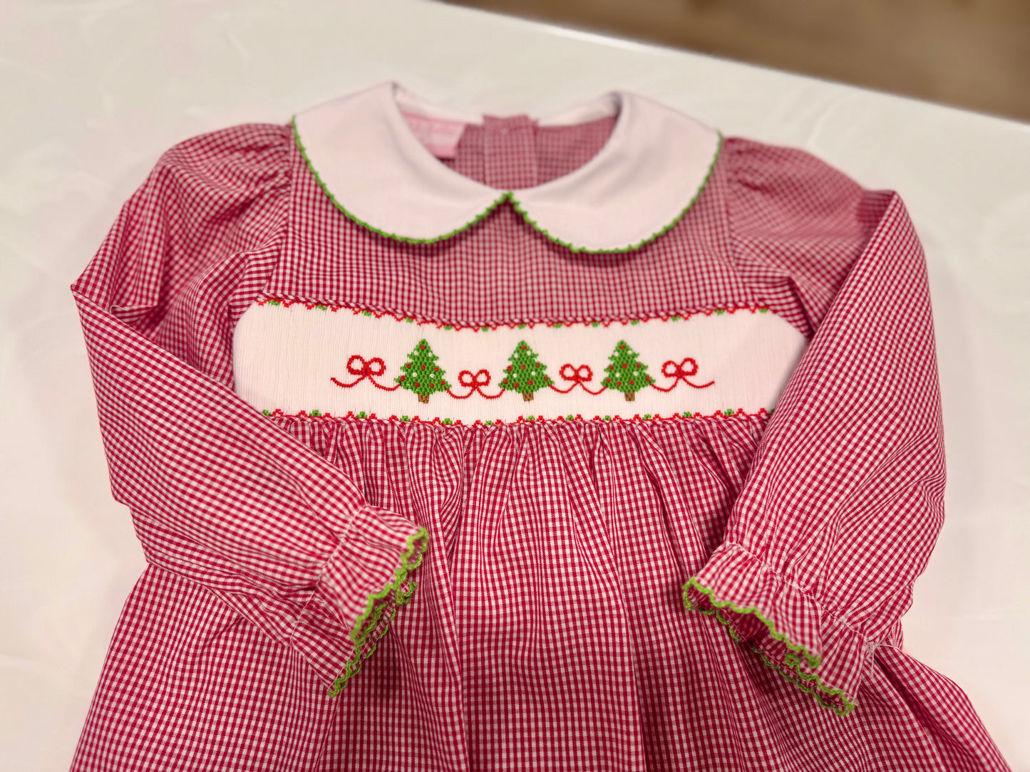 Petit Bebe Red Gingham L/S Dress Christmas Trees w/Bows