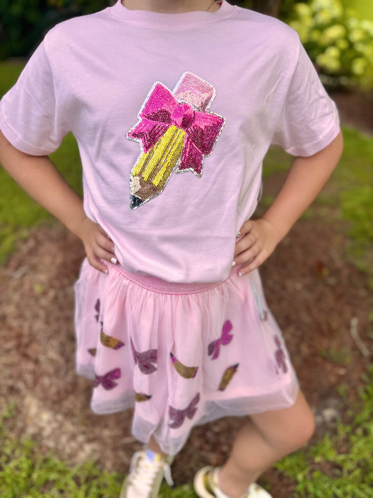 Pencil Bow Sequin Patch Short Sleeve T-Shirt