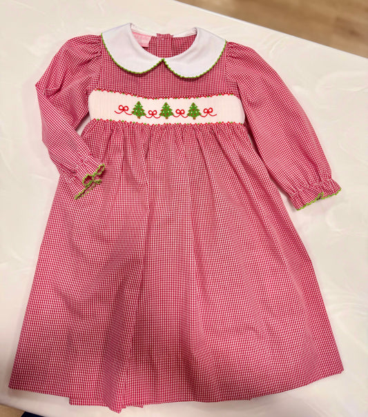 Petit Bebe Red Gingham L/S Dress Christmas Trees w/Bows