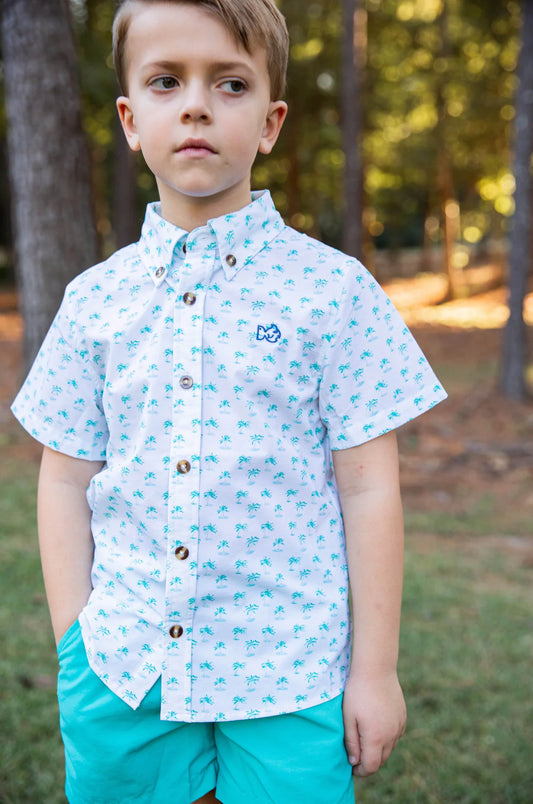 Boys Short Sleeve Fishing Shirt Palm Tree White