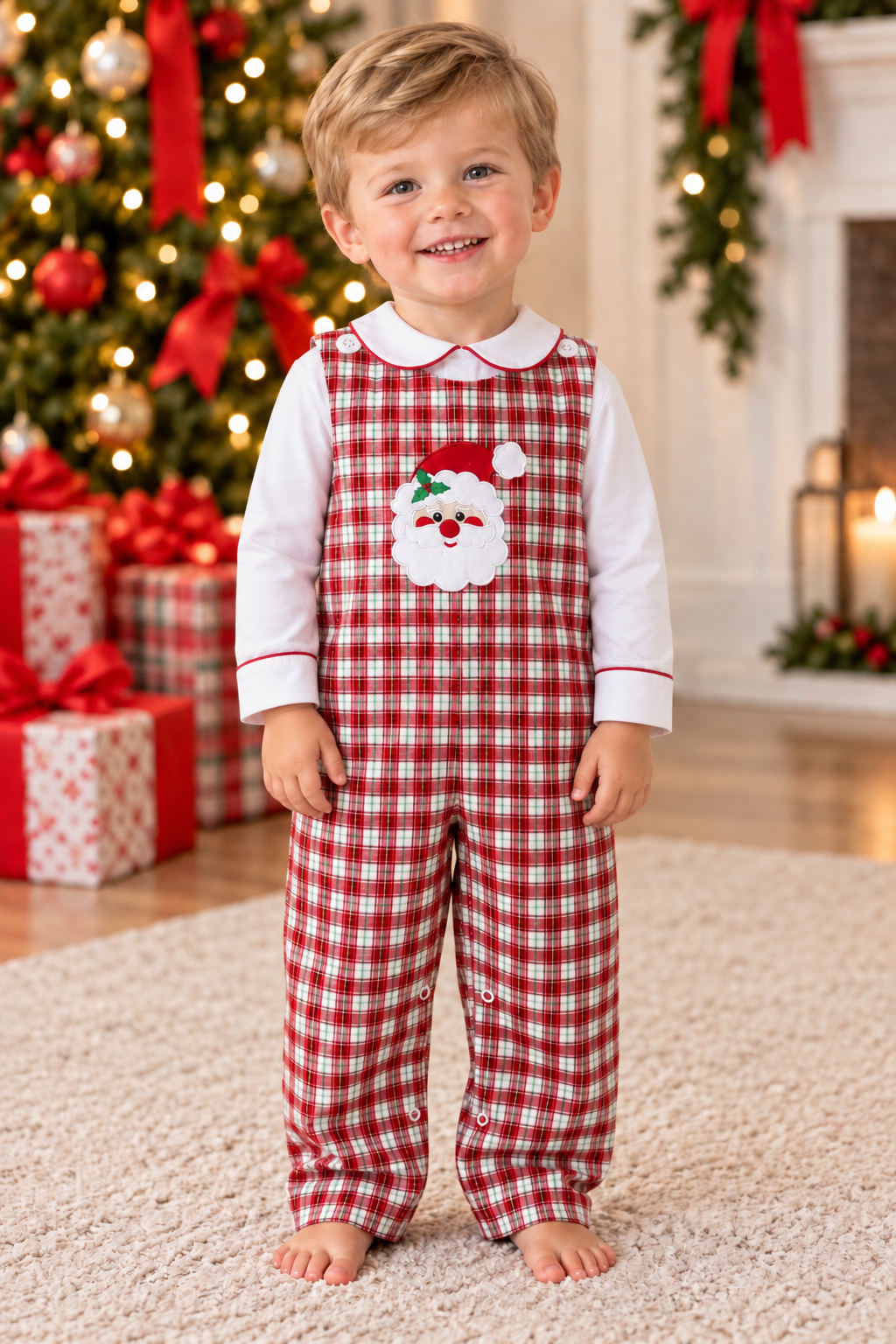 Delaney Christmas Plaid Jon Jon with Santa