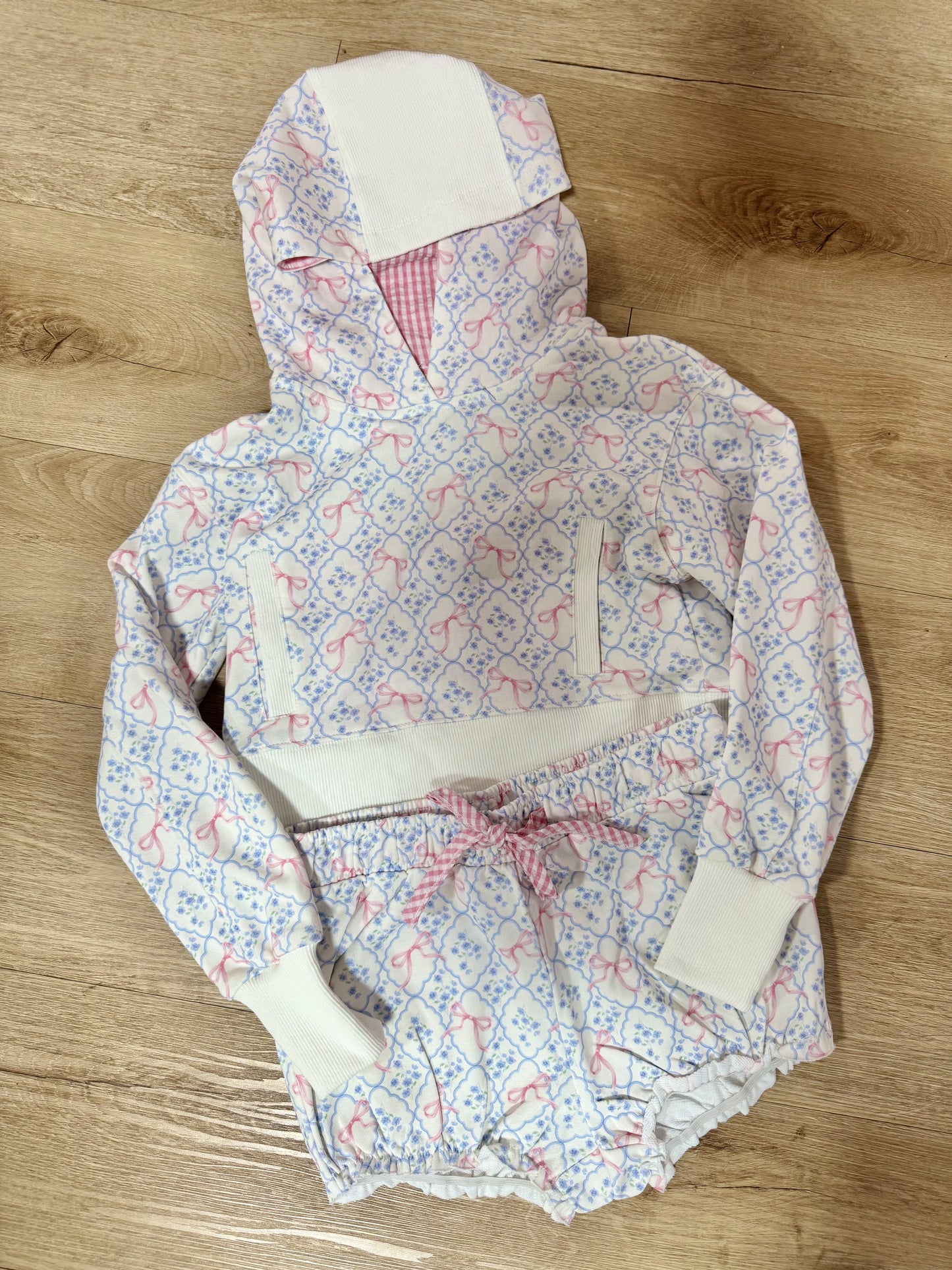Peach Love Bow Printed Terry Hoodie/Bloomer Short Set