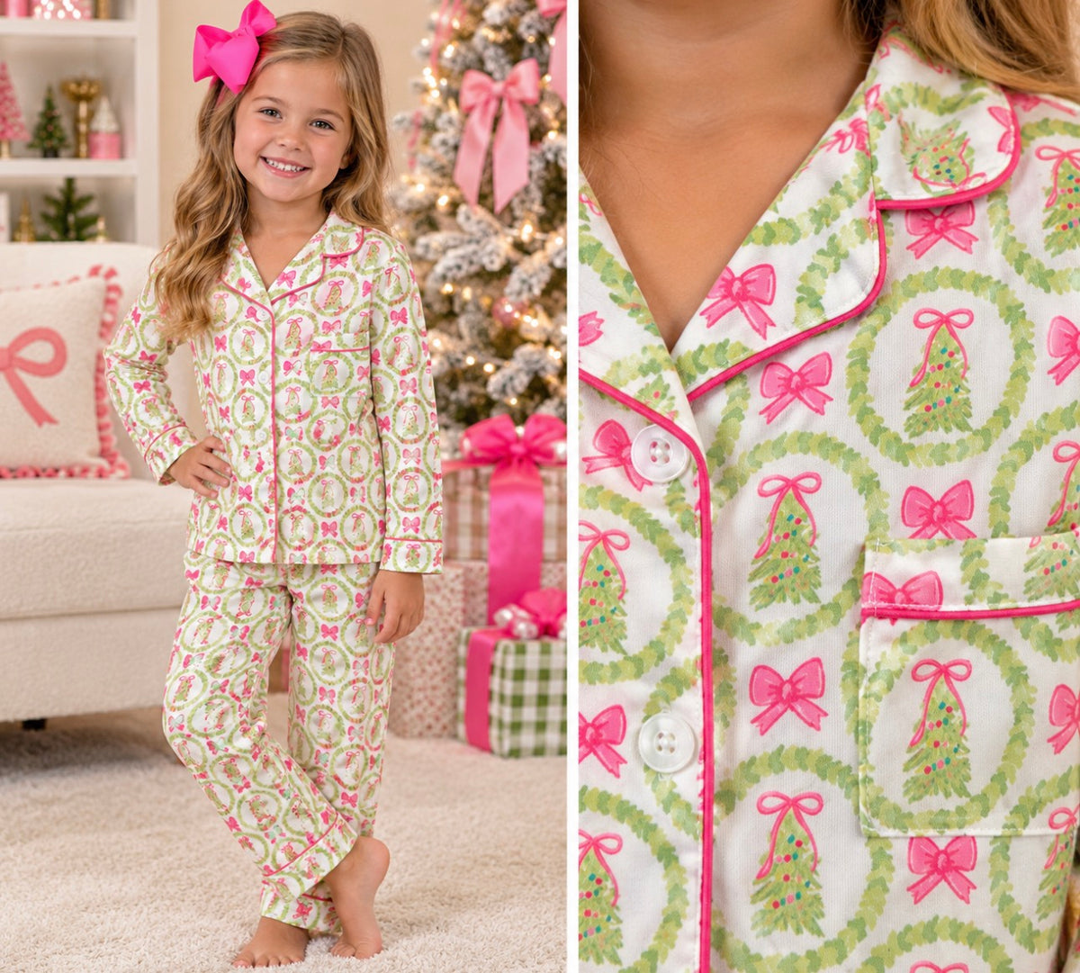 Jane Marie Kids Pink Christmas Cheer Satin PJ Set