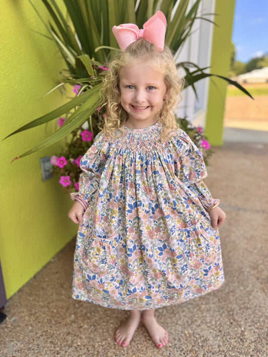 Delaney Girls Floral Smocked LS Dress