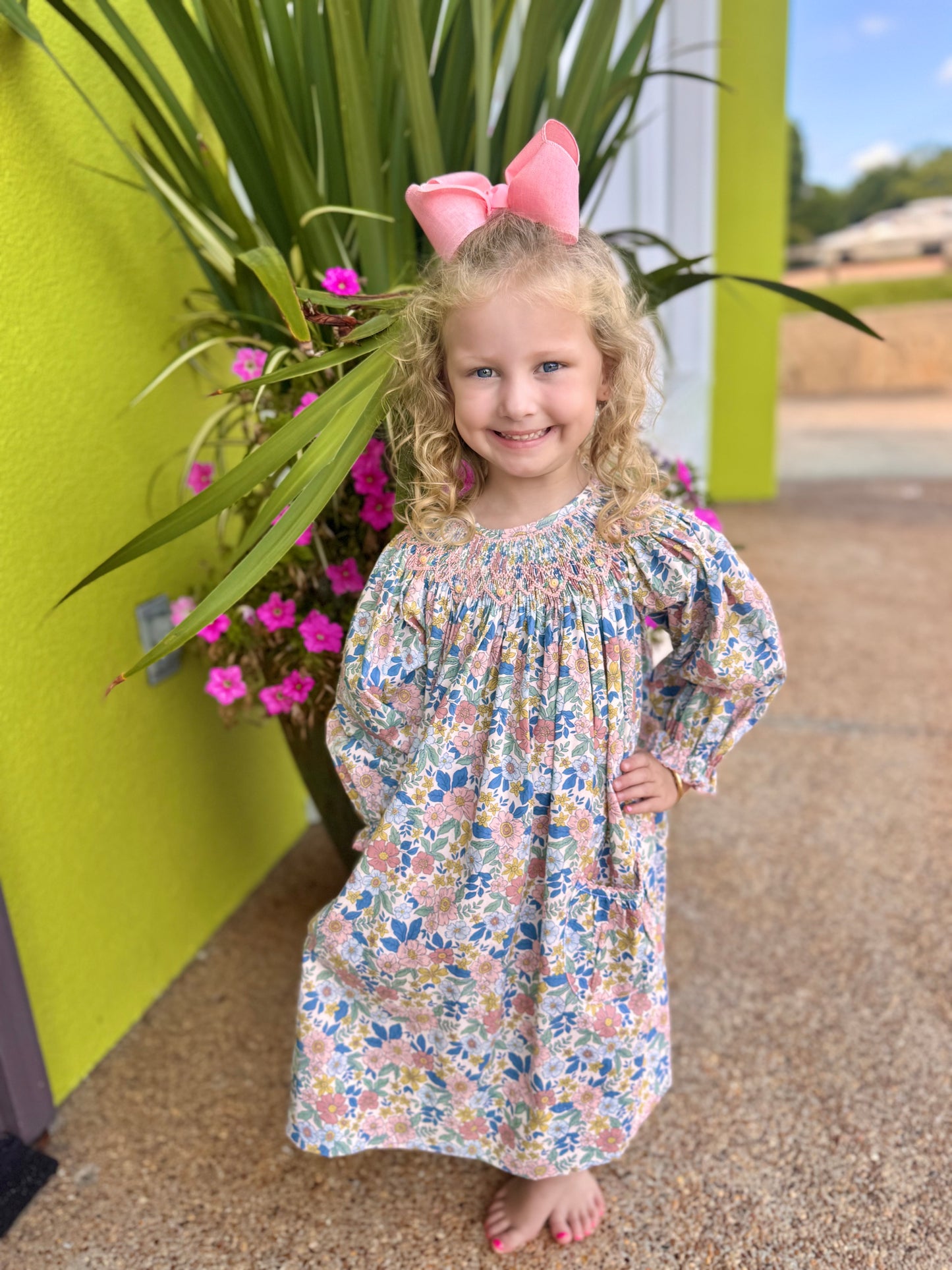 Delaney Girls Floral Smocked LS Dress