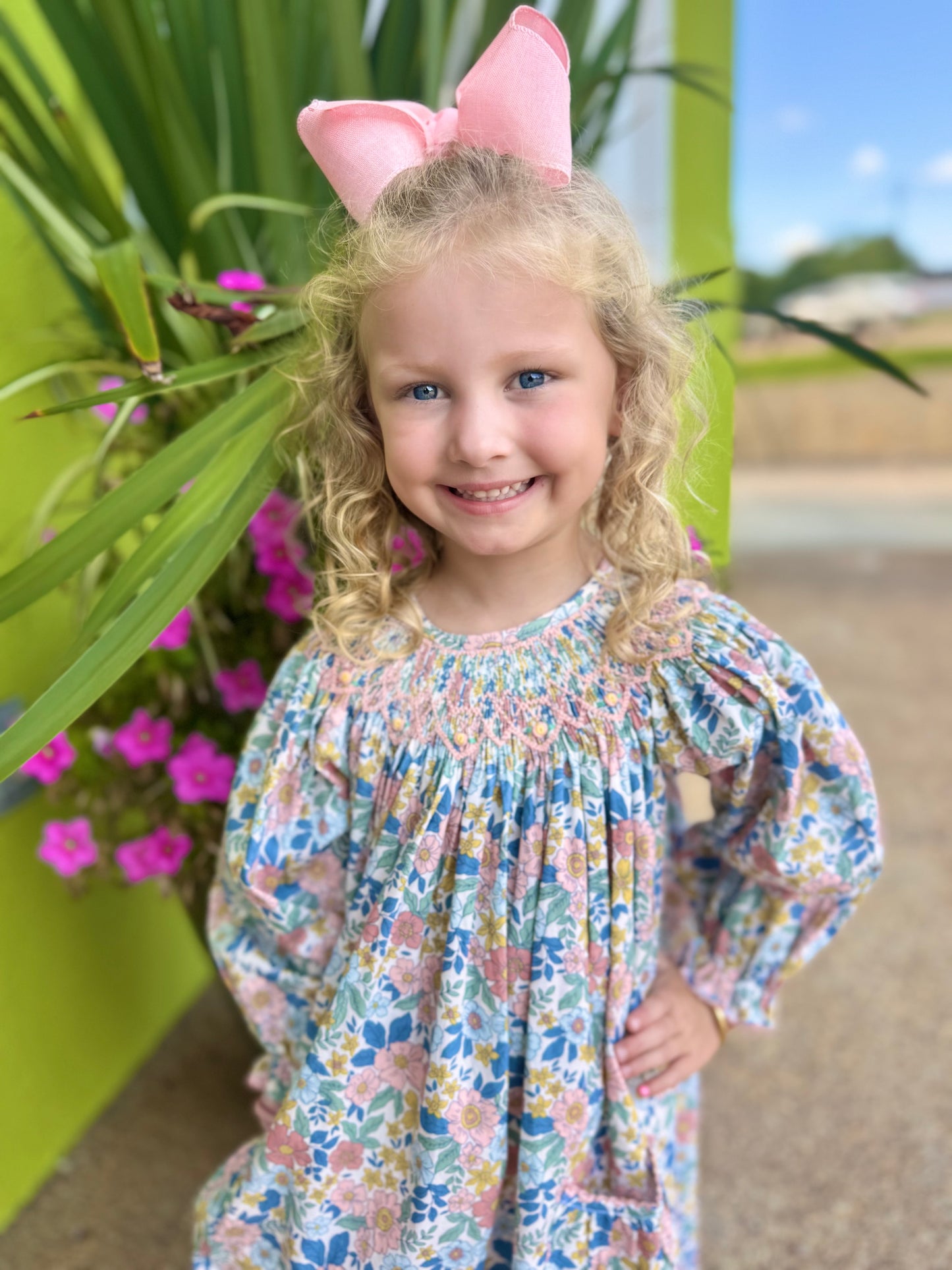 Delaney Girls Floral Smocked LS Dress