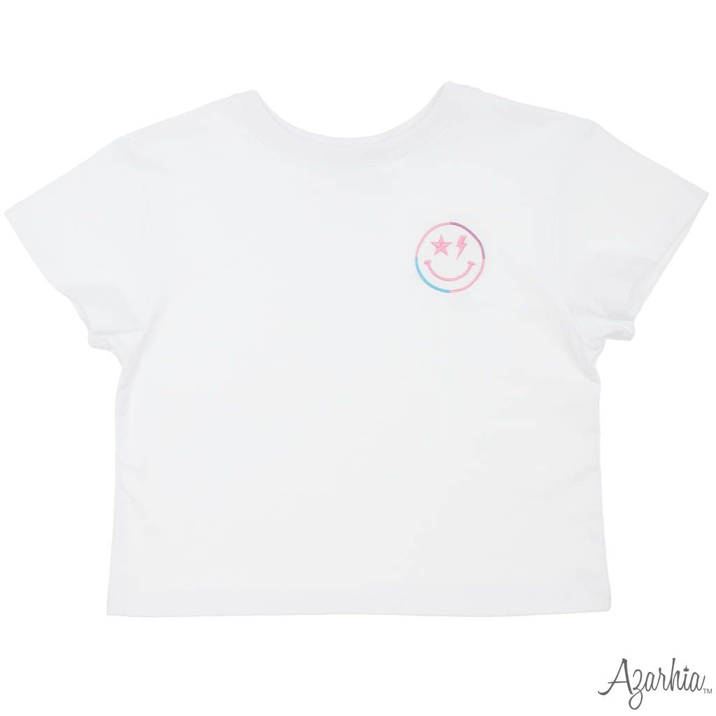 Azarhia Embroidered Smiley Spark on White Tee