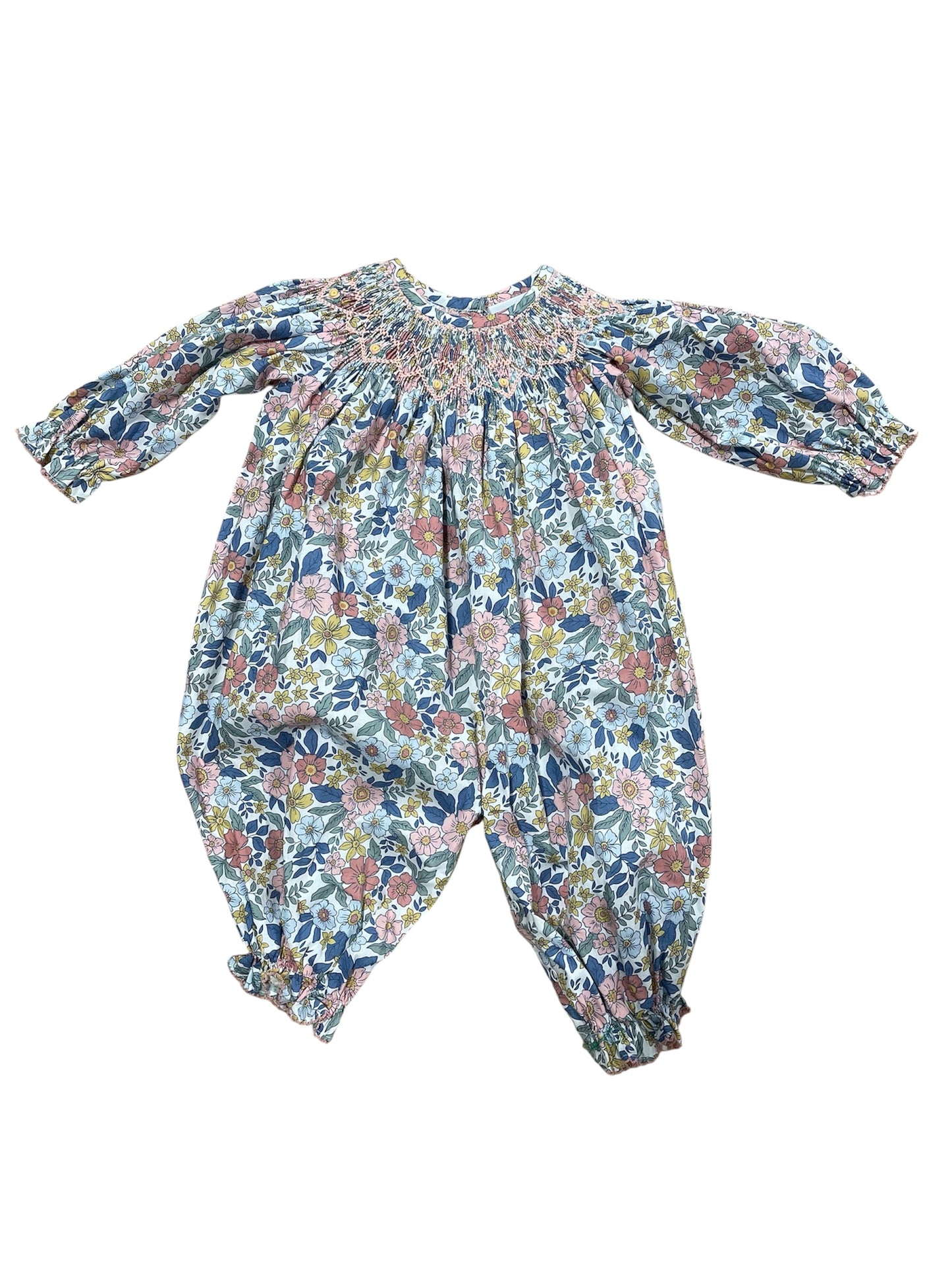Delaney Girls Floral Smocked LS Romper