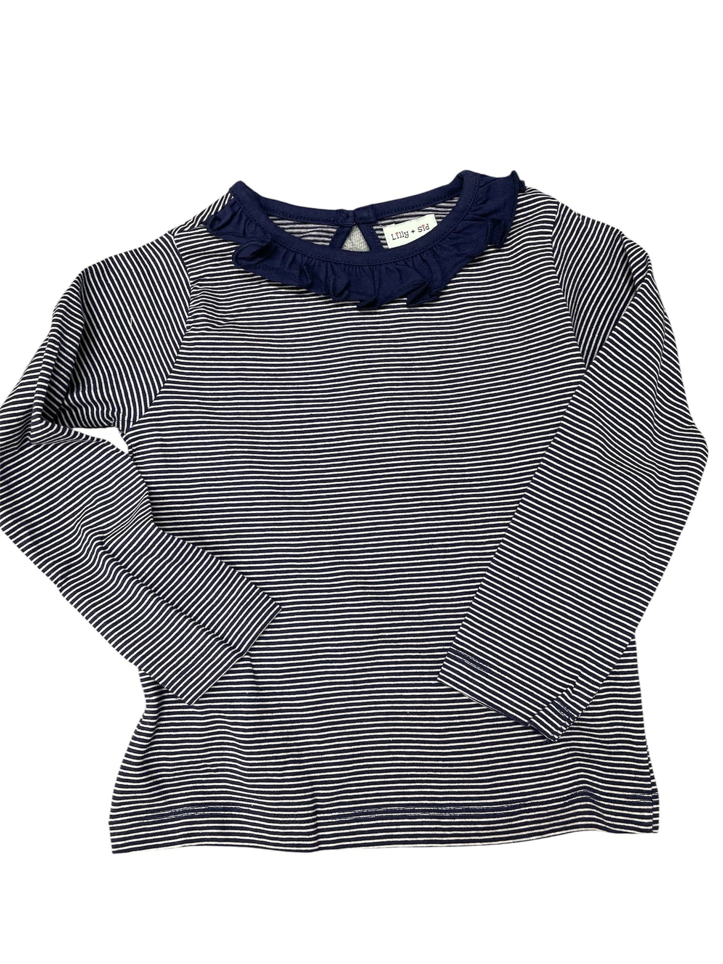 Lilly + Sid Navy Striped Ruffle Neck L/S Shirt