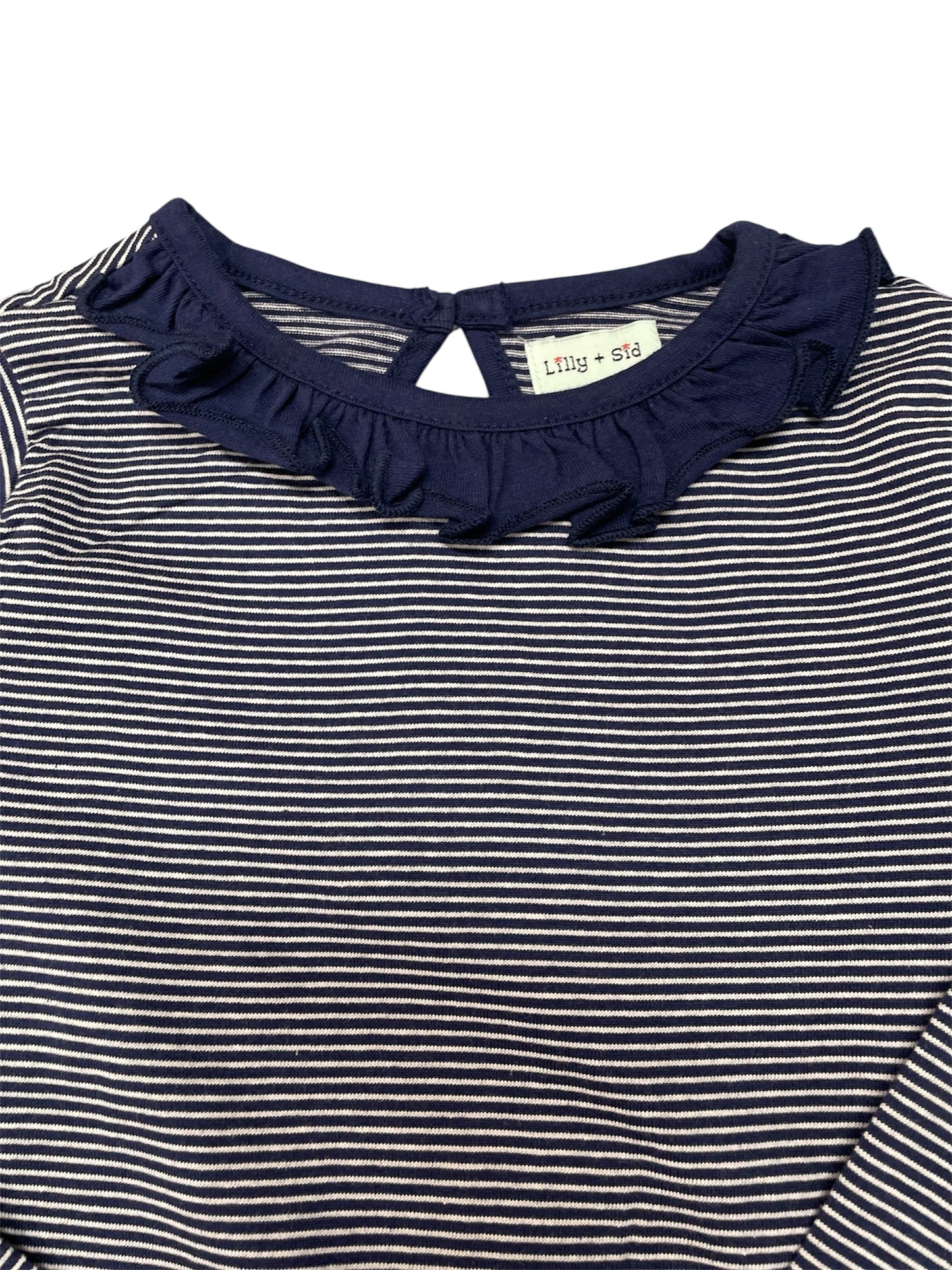 Lilly + Sid Navy Striped Ruffle Neck L/S Shirt