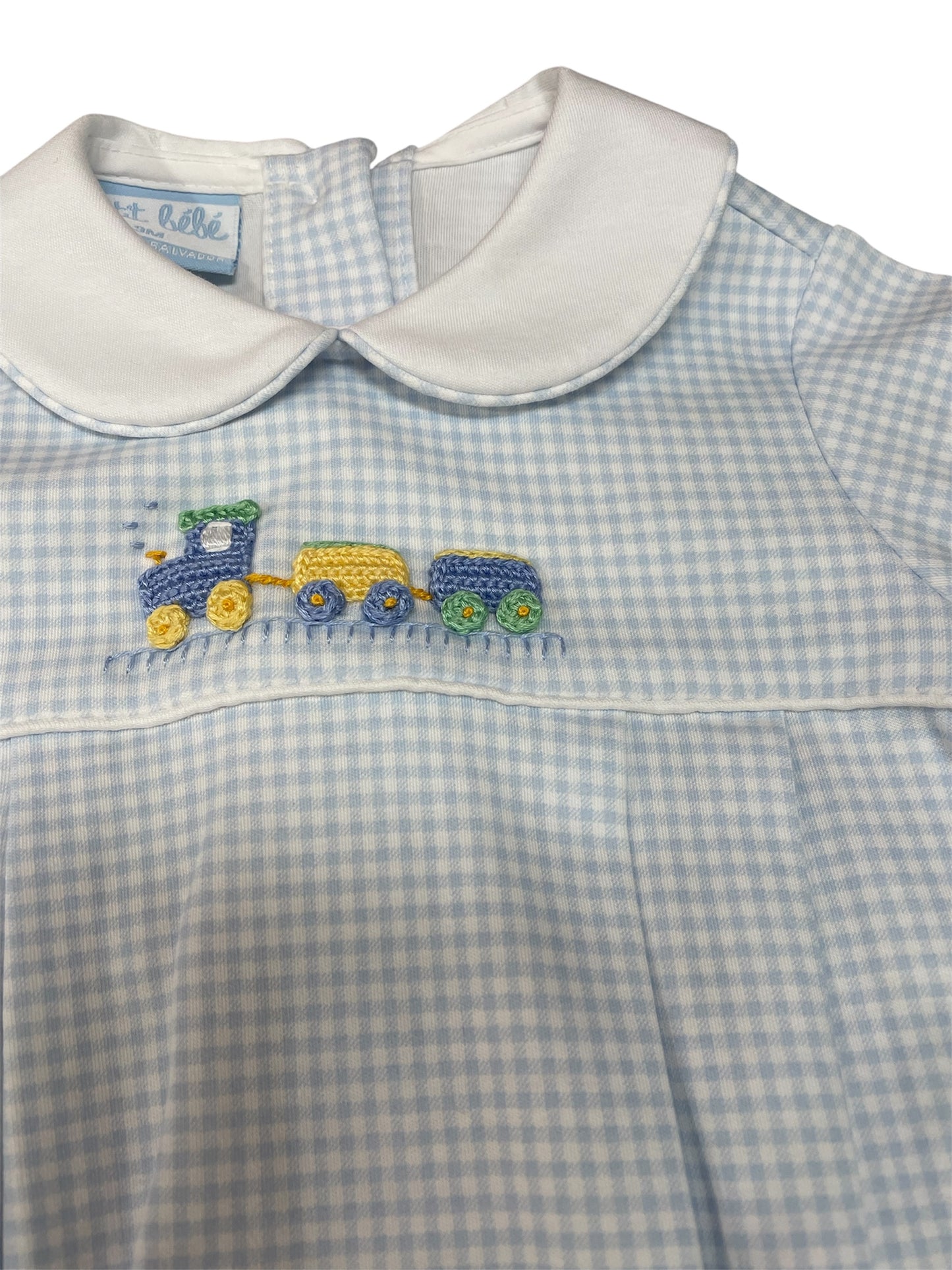 Petit Bebe Lt Blue Gingham Knit Bubble S/S with Train