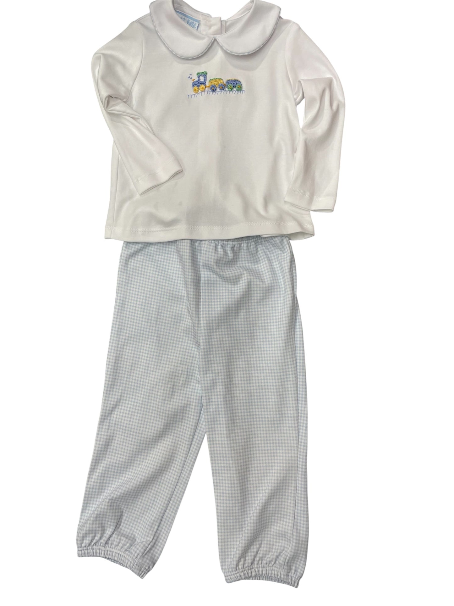 Petit Bebe Lt Blue Gingham Knit Pant Set with Train