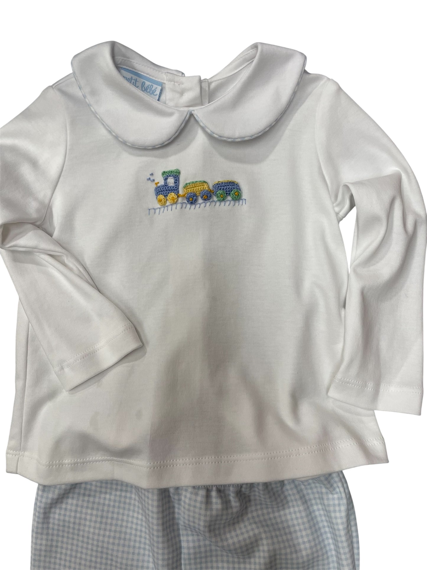 Petit Bebe Lt Blue Gingham Knit Pant Set with Train