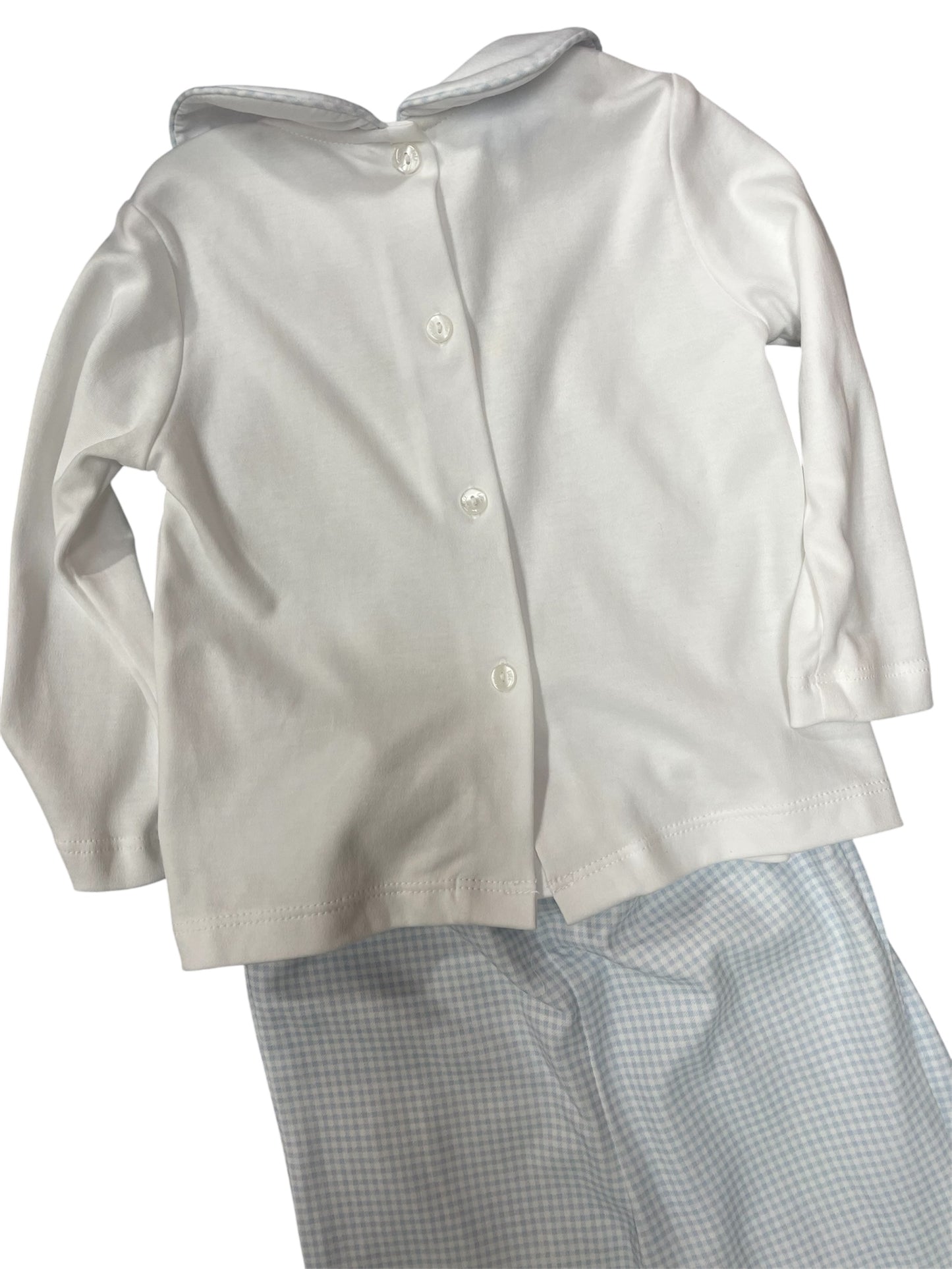 Petit Bebe Lt Blue Gingham Knit Pant Set with Train