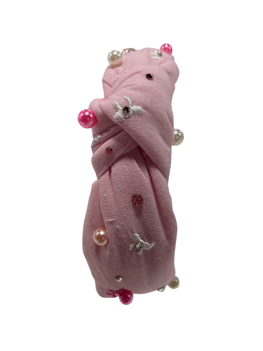 Bari Lynn Embroidered Bow & Pearl Knot Headband