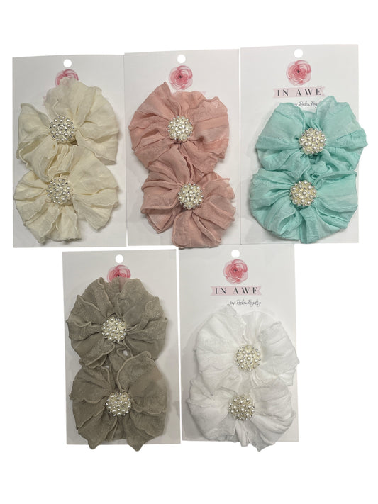 Ruffled Clip Set w/Pearl Embellishment
