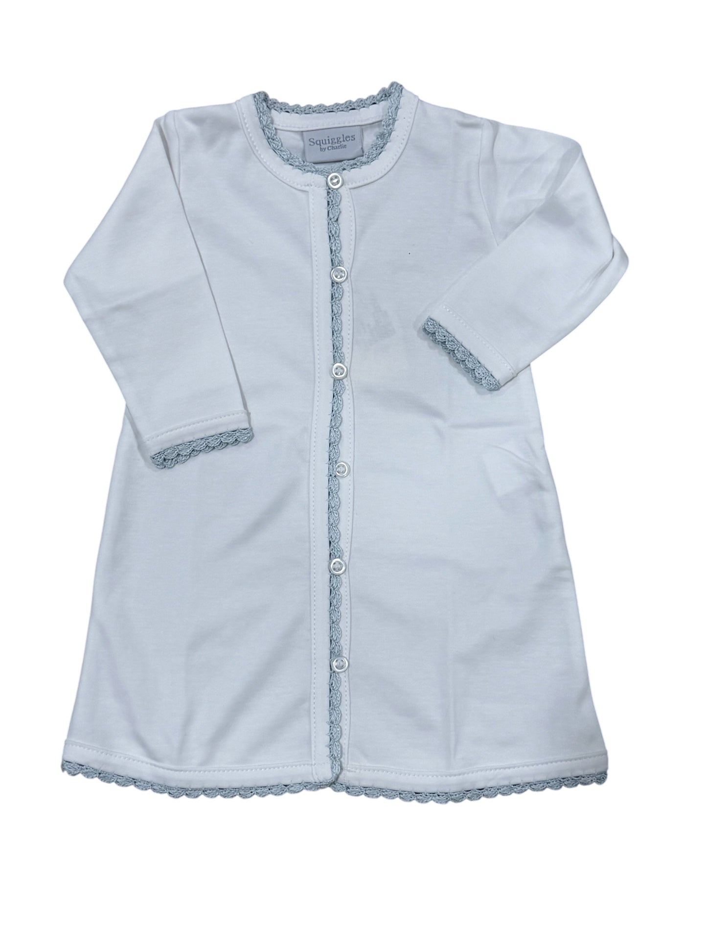 Squiggles L/S Day Gown with Blue Crochet Trim