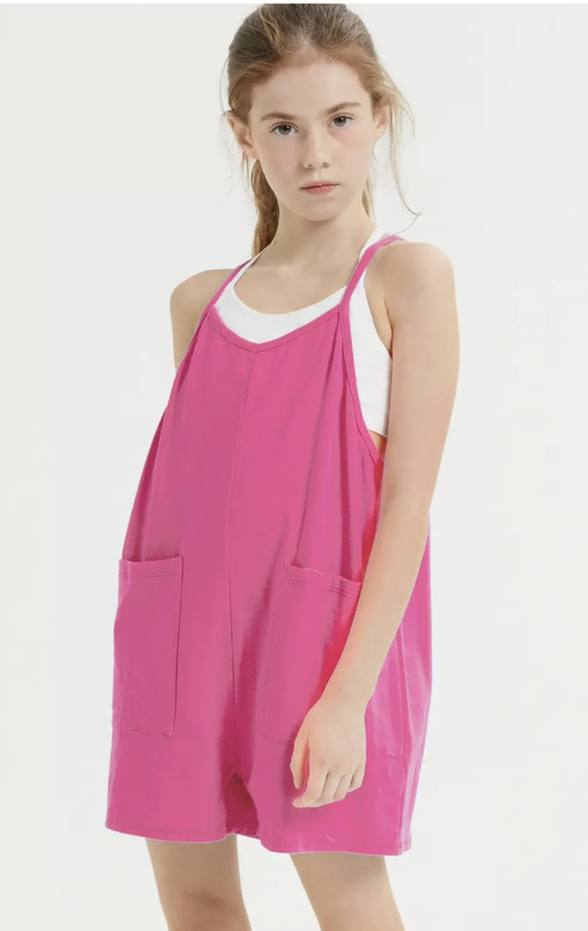 Two Pocket Cotton Overall Romper Hot Pink