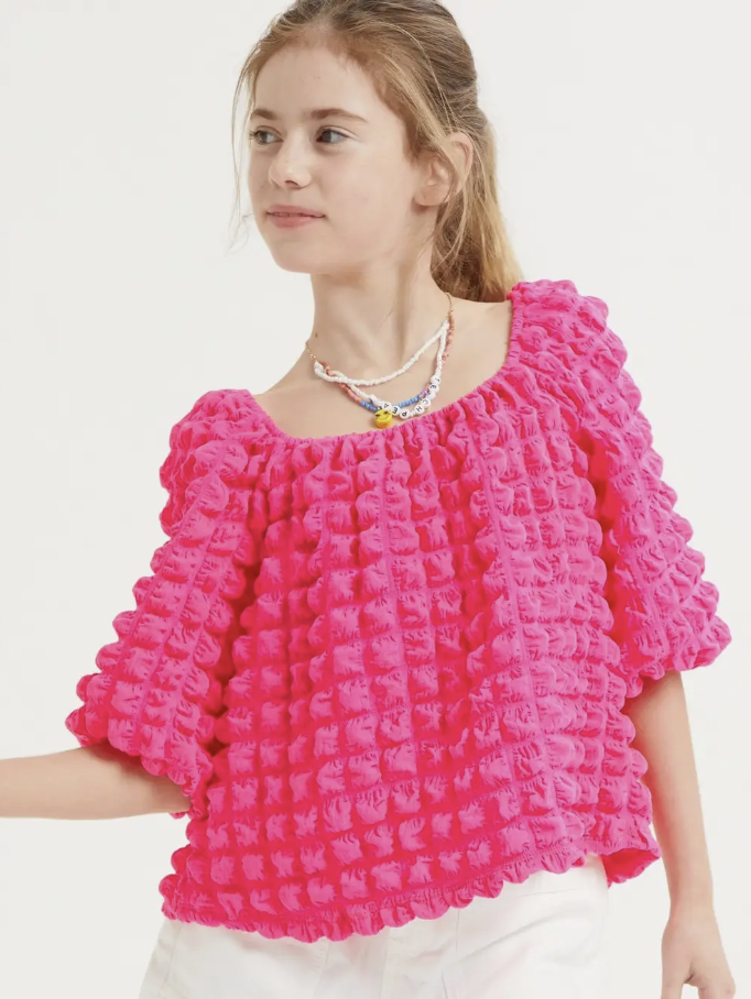 Embossed Bubble Texture Balloon Sleeve Top Hot Pink