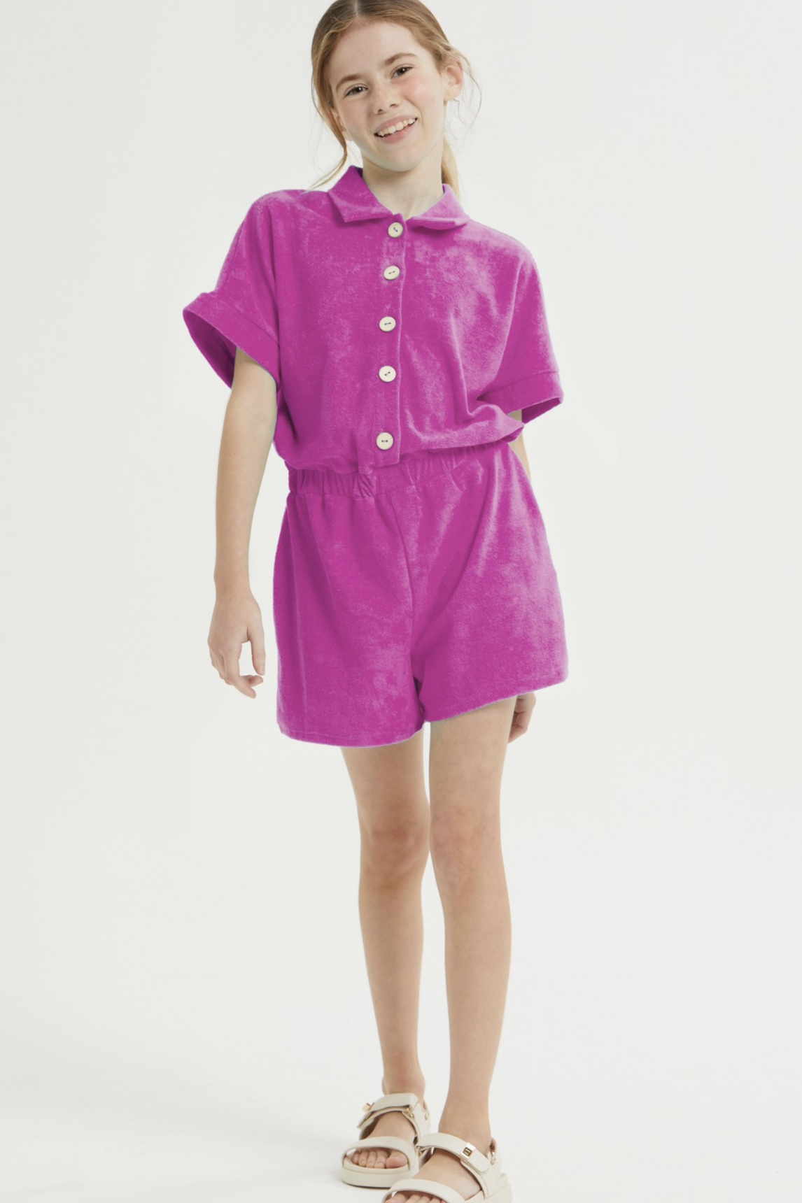 Fushia Loop Terry Collared Button Up Romper