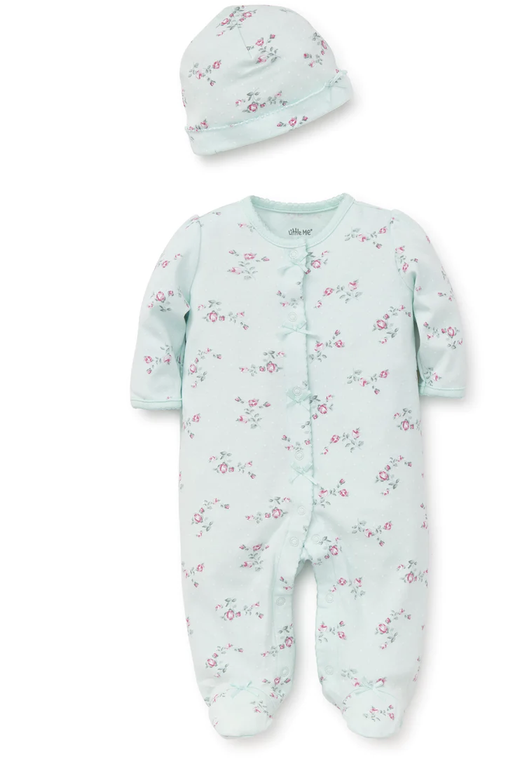 Floral Spray Zipper Footie w/ Hat
