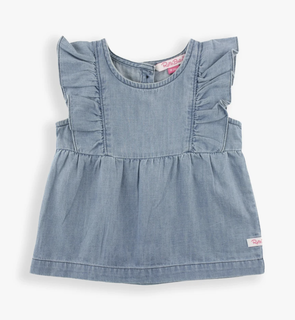 RB Light Wash Denim Ruffle Tank Top