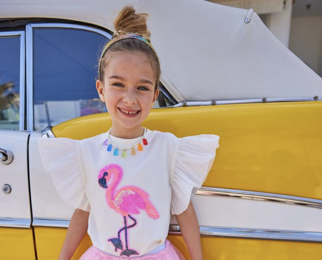 Lola & the Boys Beaded Flamingo Ruffle T-shirt