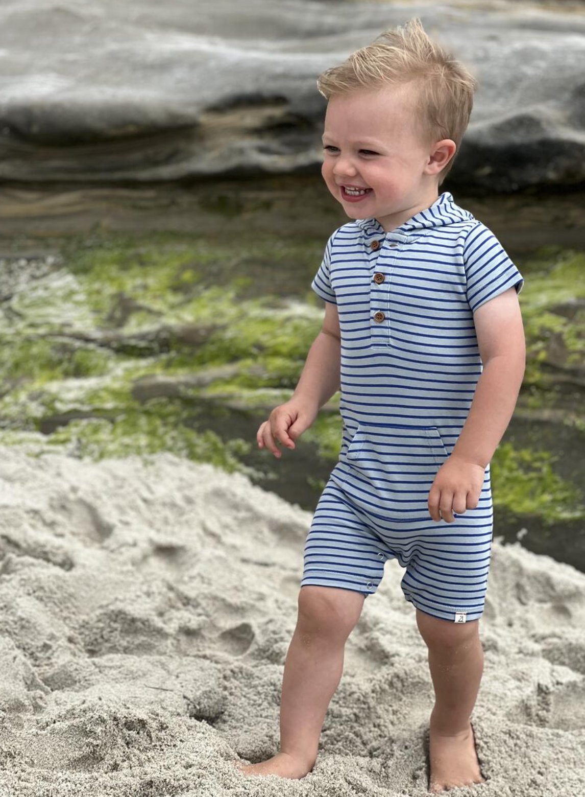 Charlie Grey/Royal Stripe Hooded Romper