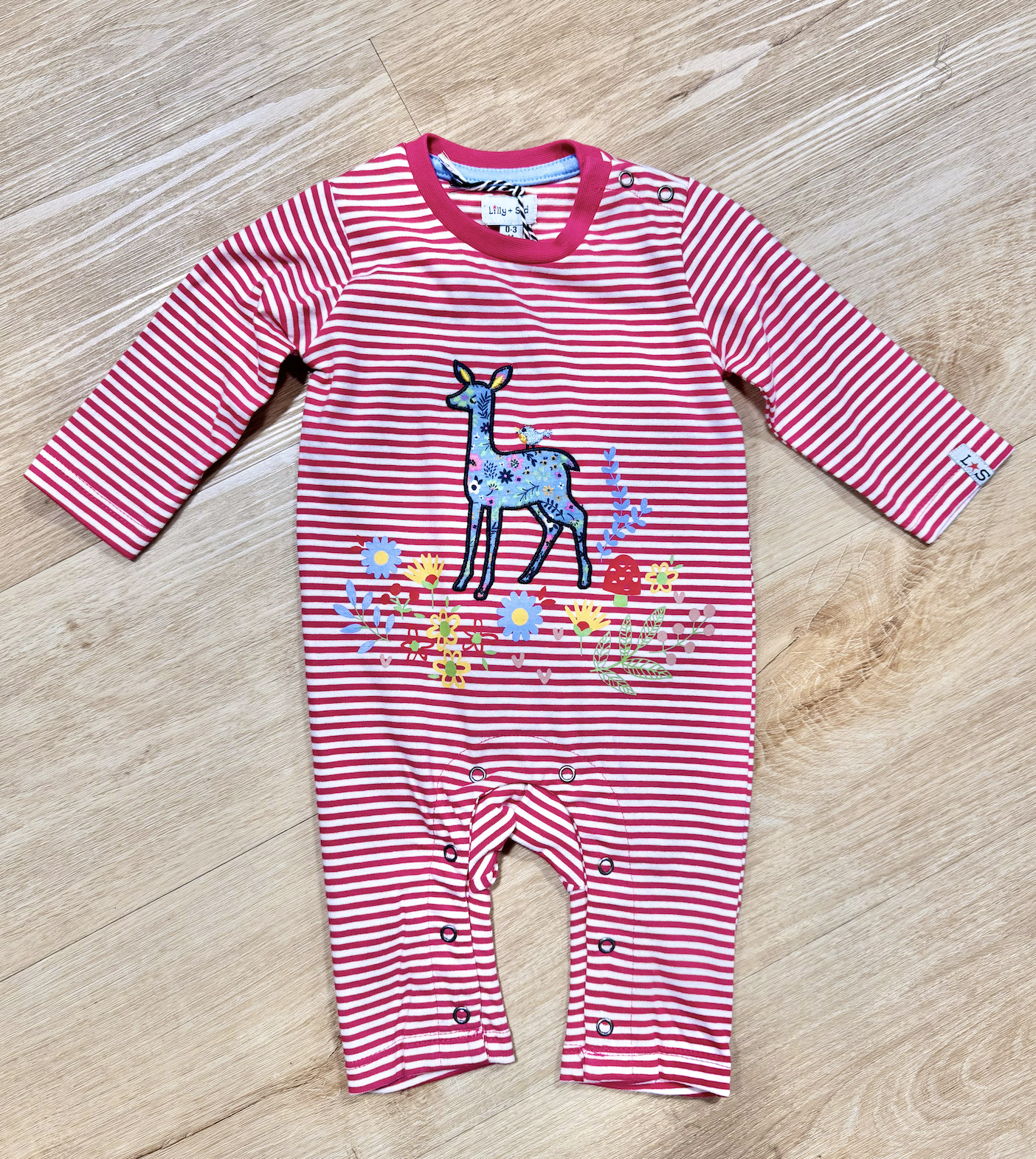 Little Deer Embroidered Playsuit Pink Stripe