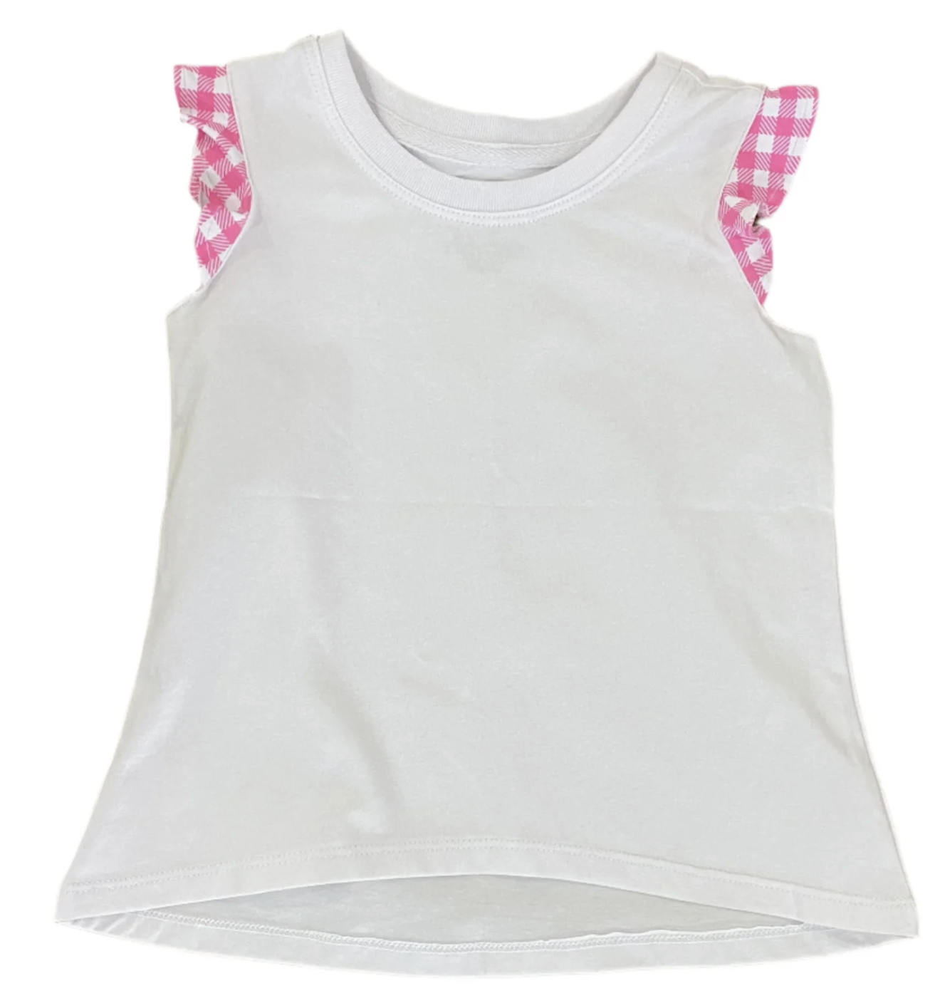 White Ruffle Shirt W/ Pink Gingham Sleeve