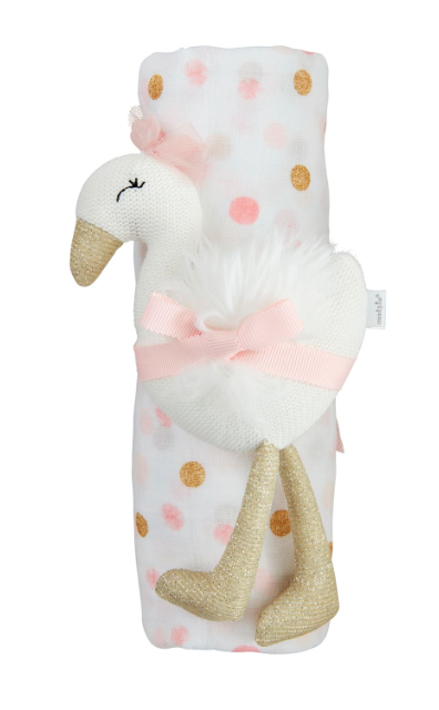 Pink & Gold Dot Swaddle & Swan Rattle Set